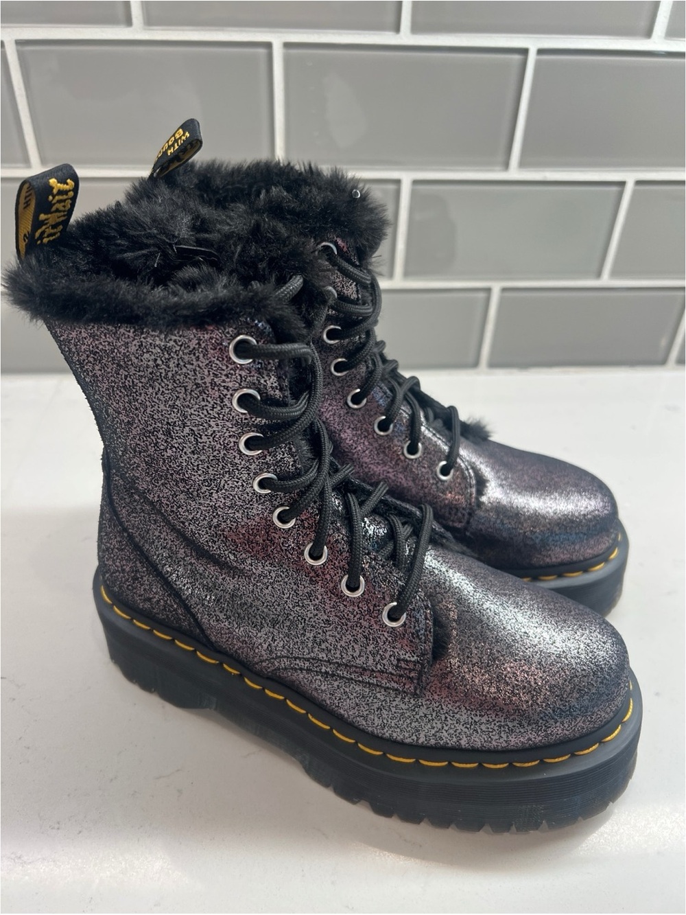 Dr. Martens Jadon Fur Lined Black Silver Distressed Metallic Platform Boot W8